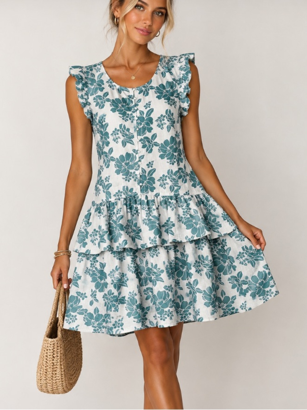 Free Assembly White Blue Floral Dress Tiered Ruffle Trim Sleeve Medium Tropical
